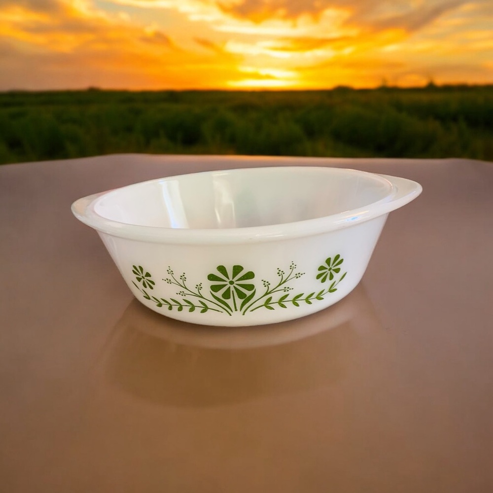 Vintage Glasbake Green Flower 2 quart Casserole Dish-No Lid j514